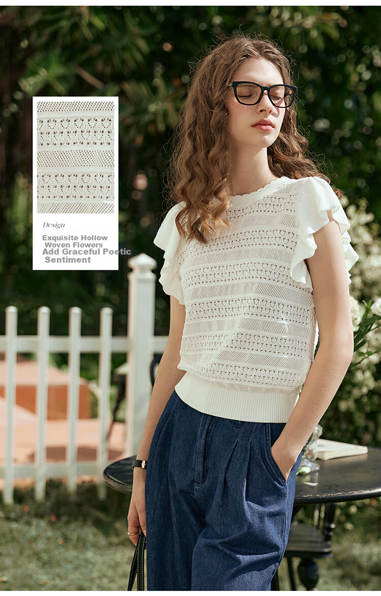 Olrain French Hollow Knitwear Women's Summer Loose Ruffle Sleeve Top Apricot White L 9