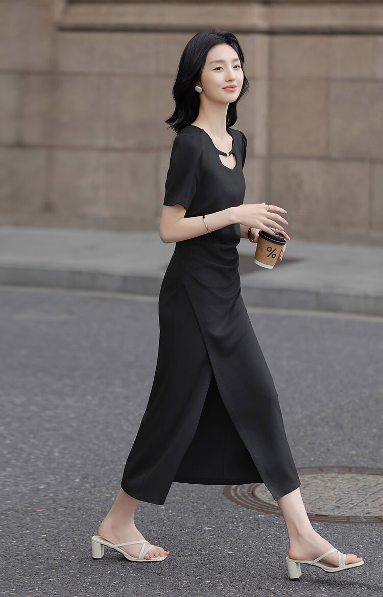 Dme [Black Spade Contract] Summer Elegant 250G Cotton-Like Breathable Layer Round Neck Waist-Cinching Side Slit Women's Dress 8