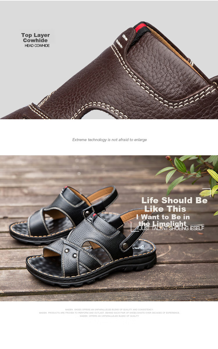 MEXICAN Top-Grain Leather Sandals for Men, Beach Shoes, Men's Slippers, Hollow-Out Casual Men's Shoes, Black, Size 43 15