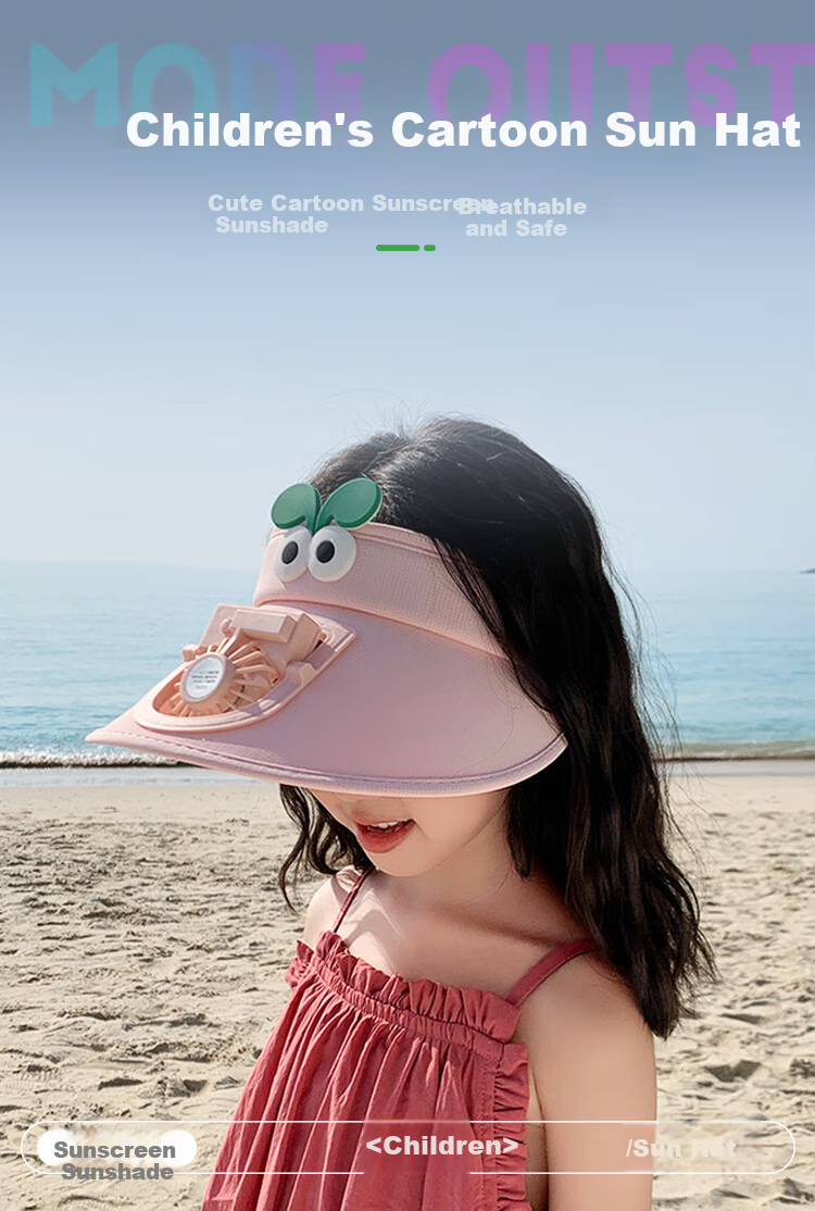 GLO-STORY Children's Hat Summer Boys And Girls Outdoor Wide Brim Sun Protection Visor Hat Cartoon Cute with Fan Sunshade Hat 3