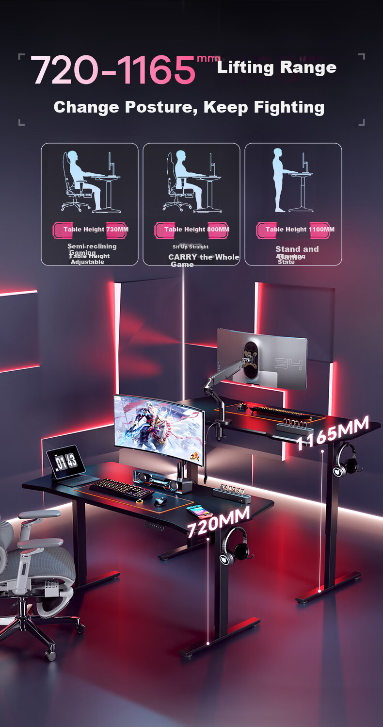 Loctek Black Knight Gaming Desk, Electric Height Adjustable Desk, Computer Office Desk, Carbon Fiber Texture Gaming Board, 1.4M 7