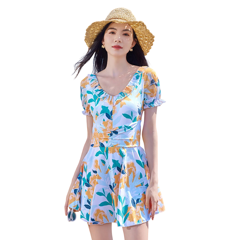 LangSha Women's One-Piece Skirted Swimsuit Slimming Anti-Exposure Summer Beach Swimwear Pure Style Set