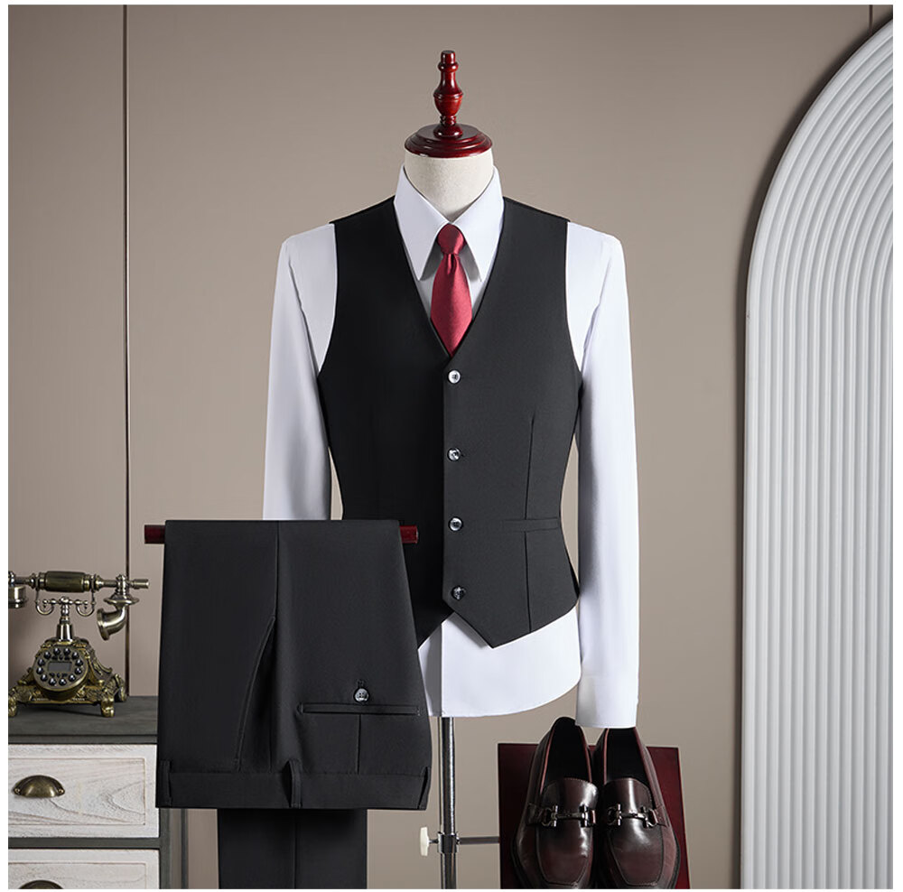 ROMON Men's Business Suit Set Blazer + Vest + Trousers Dark Blue M 6