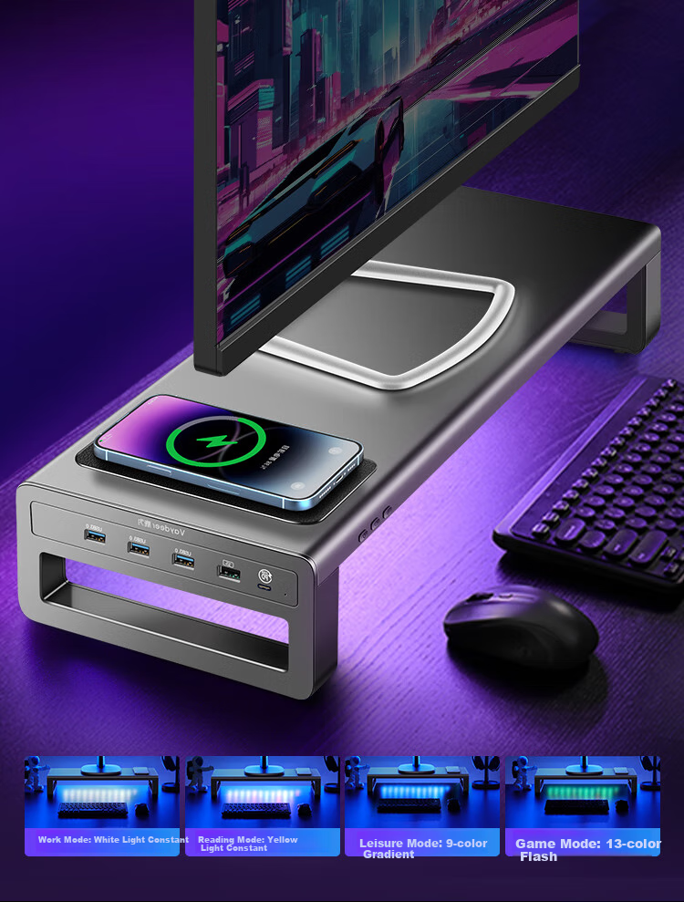 Luwei Monitor Riser Stand, Multifunctional Desktop Computer Desk, Laptop Stand, Display Screen Lifting Storage Rack, RGB Colorful Lighting, Wireless Charging Fast Charger ZGC091-JD 6