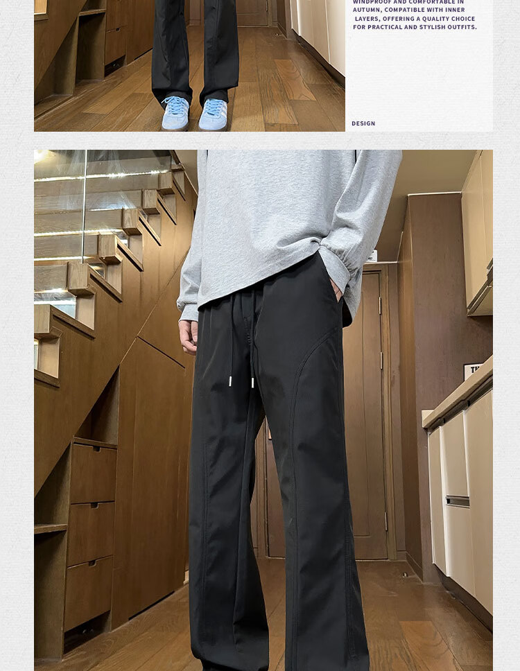 Dingfengbaoluo American Retro Long Pants, Summer High Street Casual Men's Loose Straight Wide-Leg Slightly Flared Trousers SPD01 Off-White 2XL 5