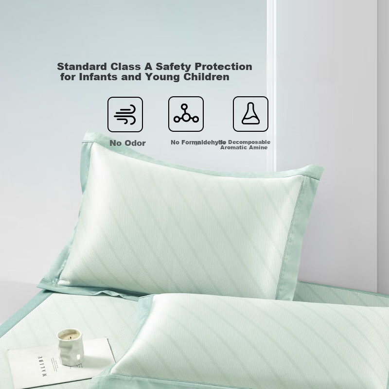LUOLAI Home Textiles Class A Washable Ice Silk Mat Set of Three Cooling Mat with Tie Strips, Green, 180*200