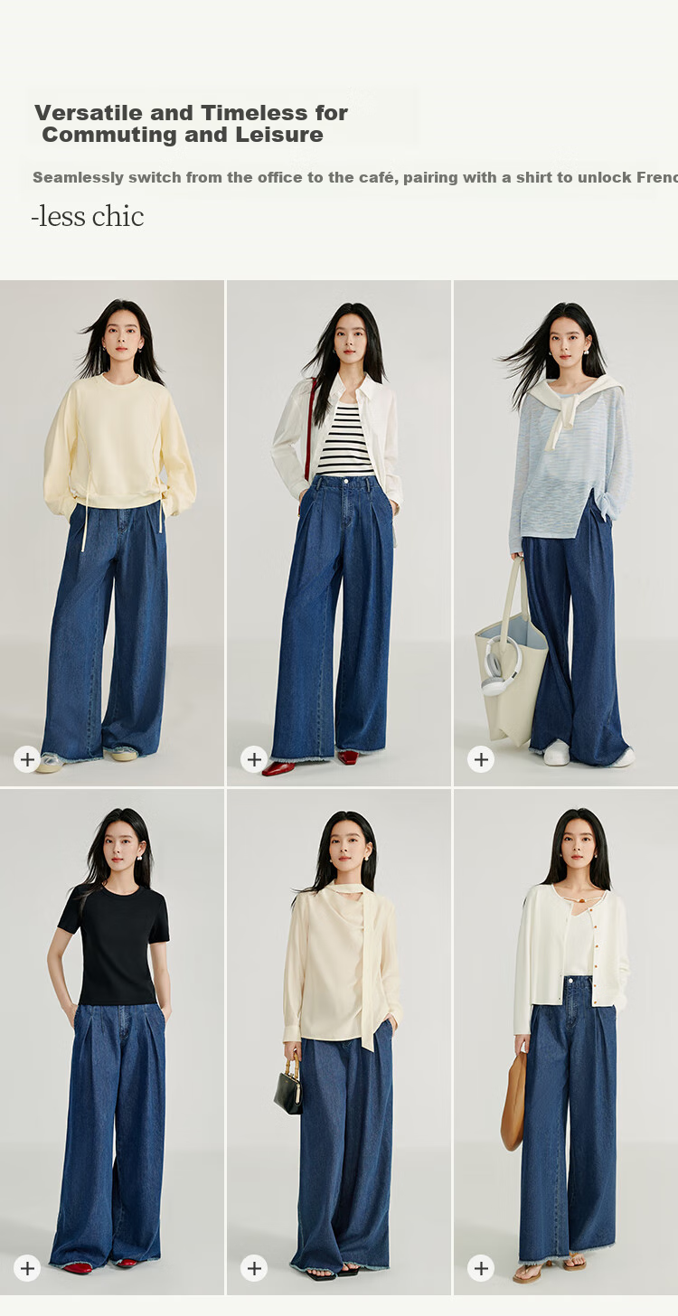 INMAN [Showroom Style] Linen Washed Frayed Wide-Leg Pants, Summer High-Waist Straight-Leg Trousers, Dark Denim Blue, Size 27 4