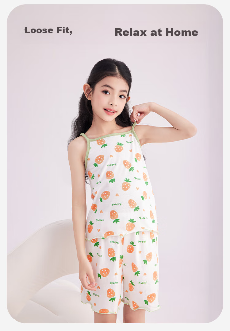 DEESHA [7A Antibacterial, Comfortable And Soft] Children's Pajama Set for Spring And Autumn, Girls' Camisole Sleepwear Loungewear 8