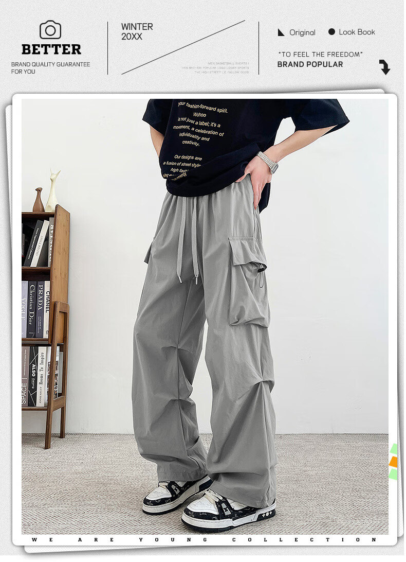 Homlean American-Style Wide-Leg Cargo Pants for Men, Summer Straight Loose Paratrooper Functional Tactical Casual Trousers KMX06 Black L 1