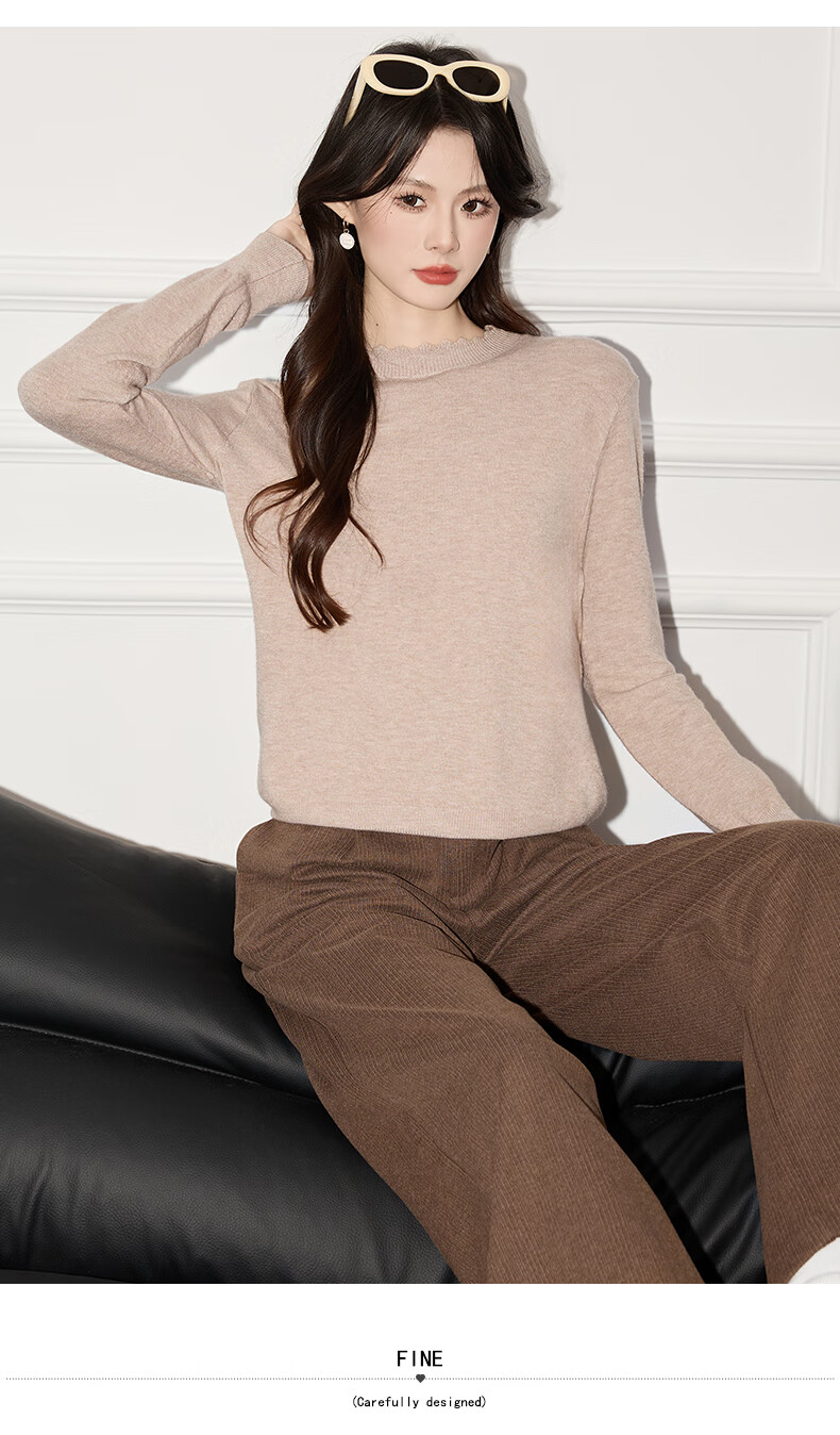 Jeanswest Women's Summer Soft Knit Casual Long Sleeve Lace Trim Round Neck Camel One Size Top 11