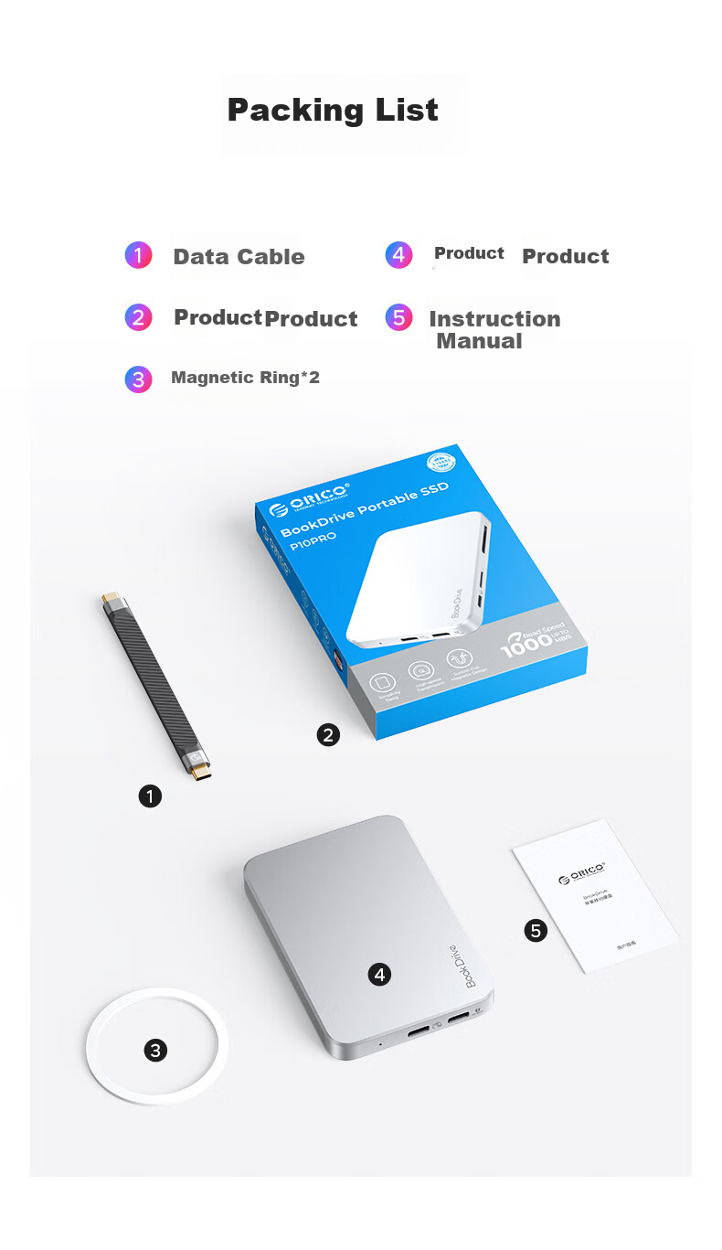 ORICO 1TB Magnetic Portable SSD BookDrive Compatible with MacBook Pro, IPhone 16 Pro Max, Apple Phone Direct Connection 1050MB/s P10 12