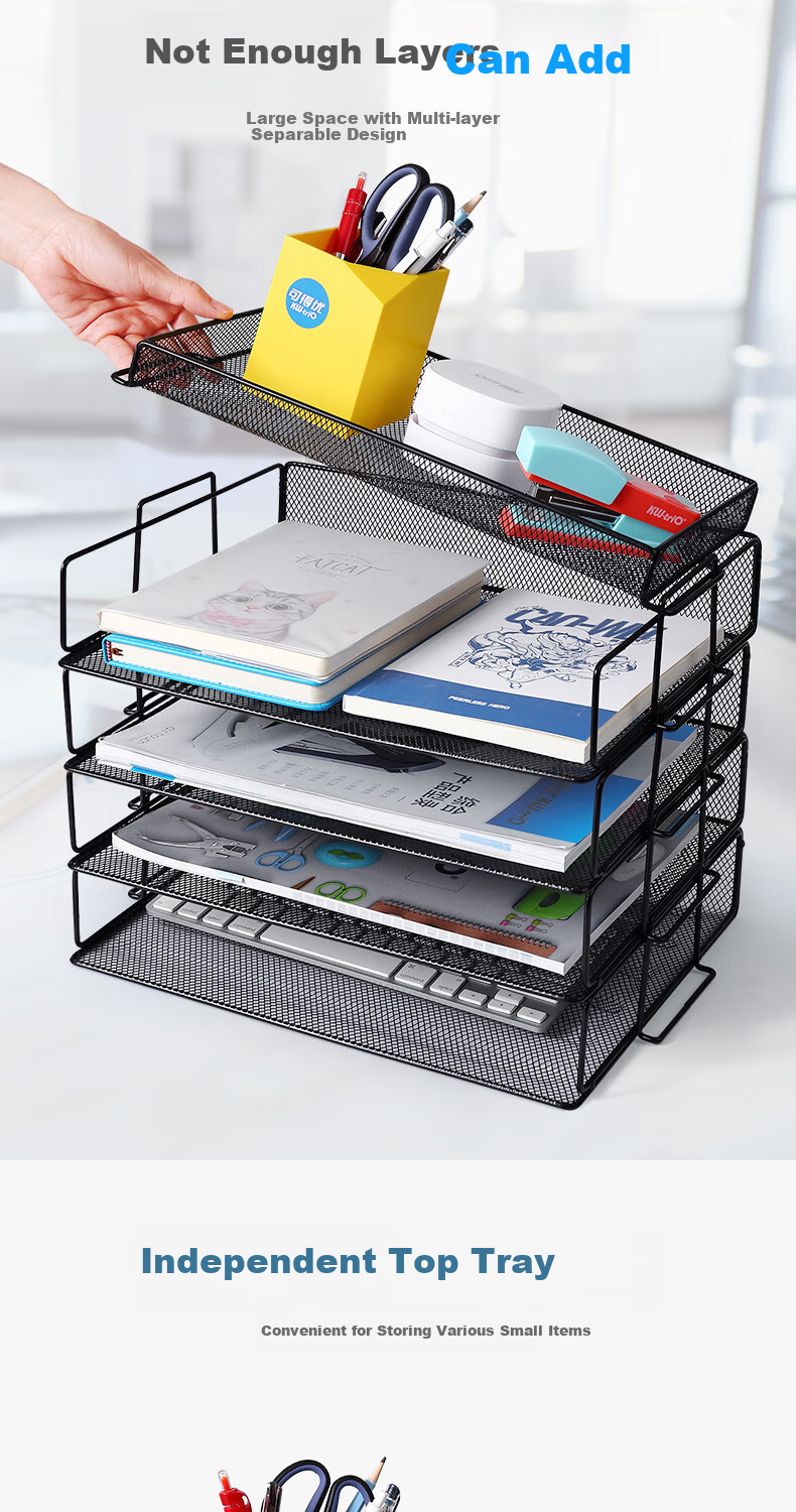 KW-Trio Desktop Metal Mesh File Organizer, Horizontal Stackable 4-Tier File Holder, Document Tray, File Rack, File Basket, File Box 3