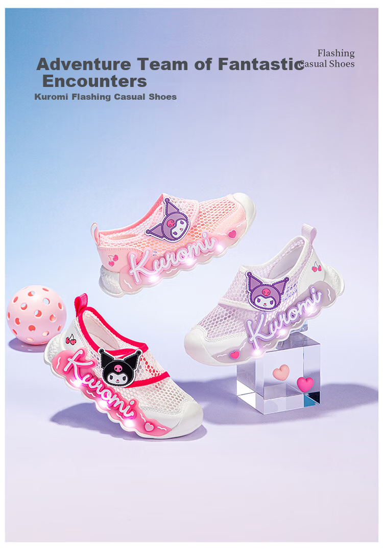 HELLOKITTY Girls' Toddler Shoes, Kuromi Light-Up Sneakers, Children's Sports Shoes, Summer Mesh Shoes, 6842 White Rose Red, Size 27 1