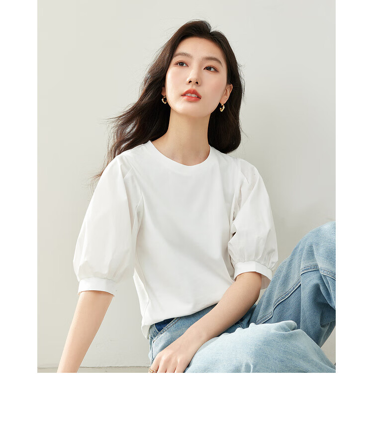 Vimly Elegant Commuter Lantern Sleeve Cotton T-Shirt for Women, New Summer 2026 Loose Short-Sleeve Distinctive Top 17