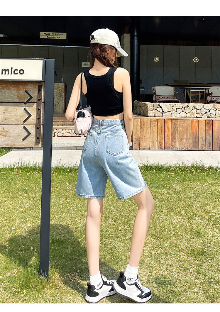 Jeanswest Women's High-Waist Five-Point Summer Loose Straight-Leg A-Line Petite Mid-Length Denim Shorts Dark Blue 25 19