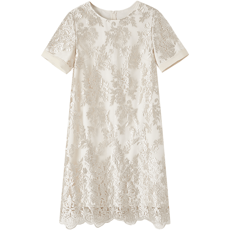 Demana French Charmer Summer Glossy Delicate Lace Embroidered Jacquard Short Sleeve Straight Mid-Length Women's Dress