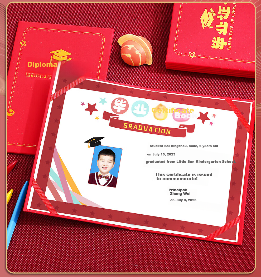 Longe [Set of 5] Kindergarten Graduation Certificate Album, Senior Class Graduation Cover, Cartoon Elementary School Student Creative Award Certificate, Graduation Certificate Gift, Customizable Cover Logo 7