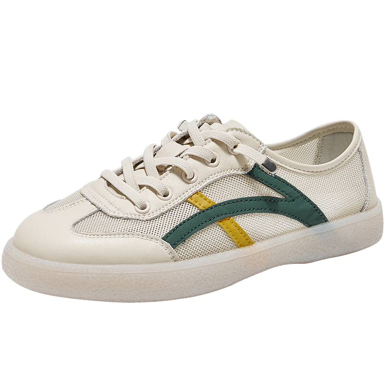 ZHR Women's Shoes, Summer New Style Mesh Breathable White Sneakers for Women, Genuine Leather Training Sports Shoes, A67E Beige Green, Size 37