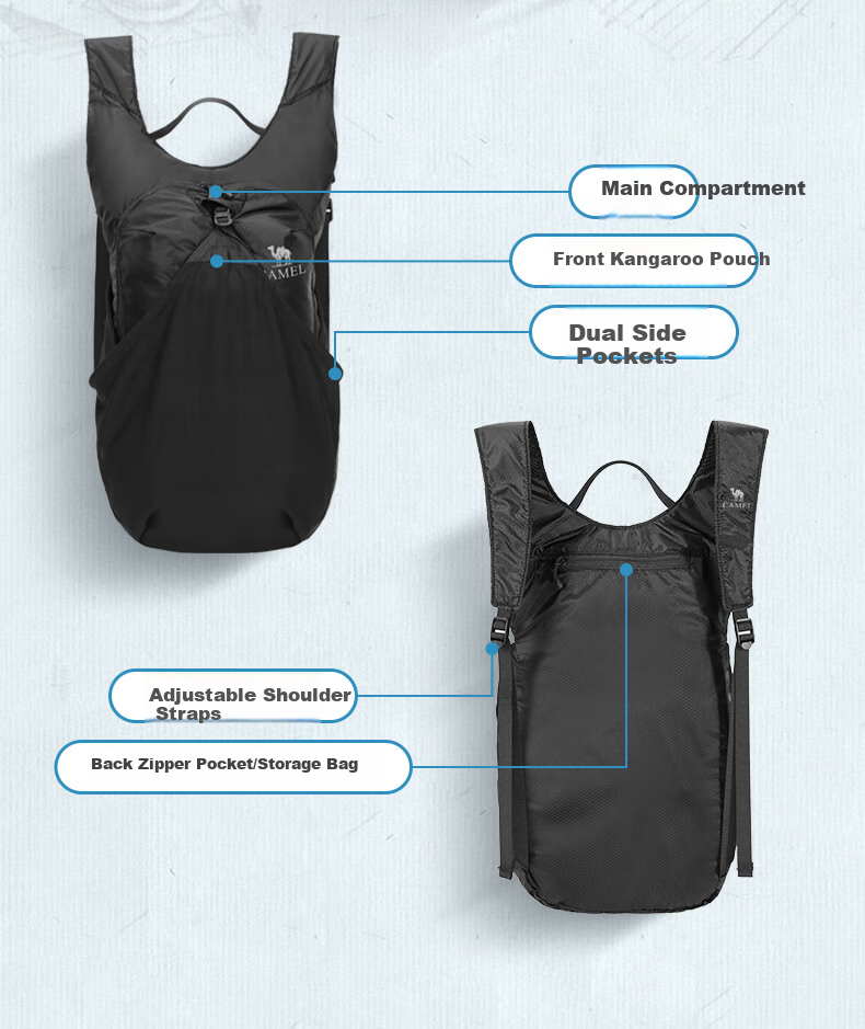 CAMEL Outdoor Cycling Backpack, Sports Rucksack, Lightweight Foldable Hiking Bag W9B318013B Black 3