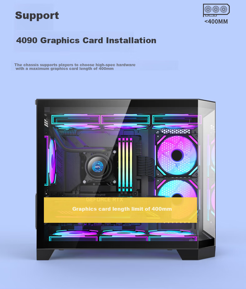 Huntkey S960 Storm X Ice Blade Edition Black Panoramic View Seaside Case (Three-Sided Tempered Glass Panel/Left And Right Zones/360mm Water Cooling/9 Fan Positions/MATX Motherboard) 12