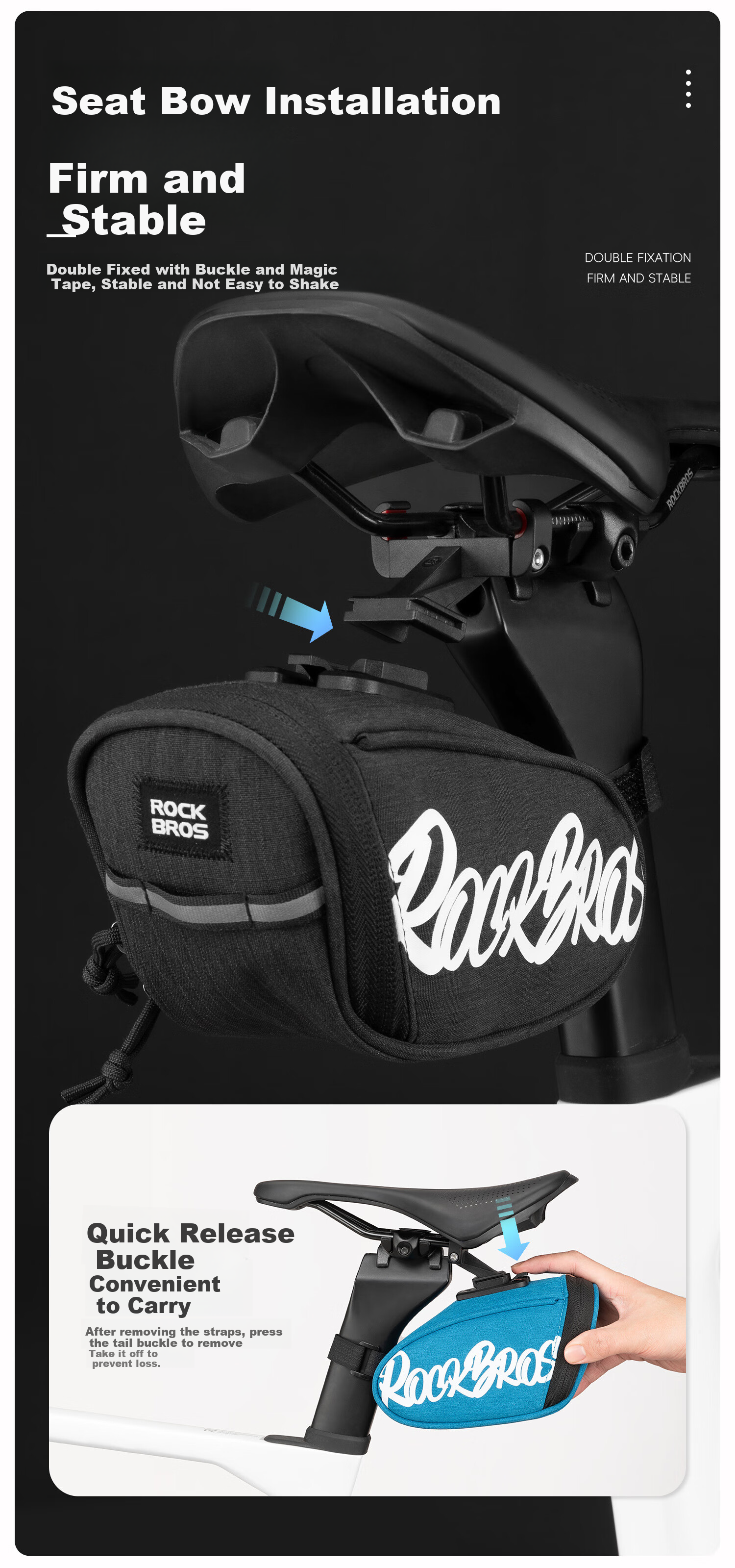 ROCKBROS Bicycle Tail Bag, Portable for Road And Mountain Bikes, Folding Bike Saddle Bag, Cycling Seat Cover Accessory, Black 8