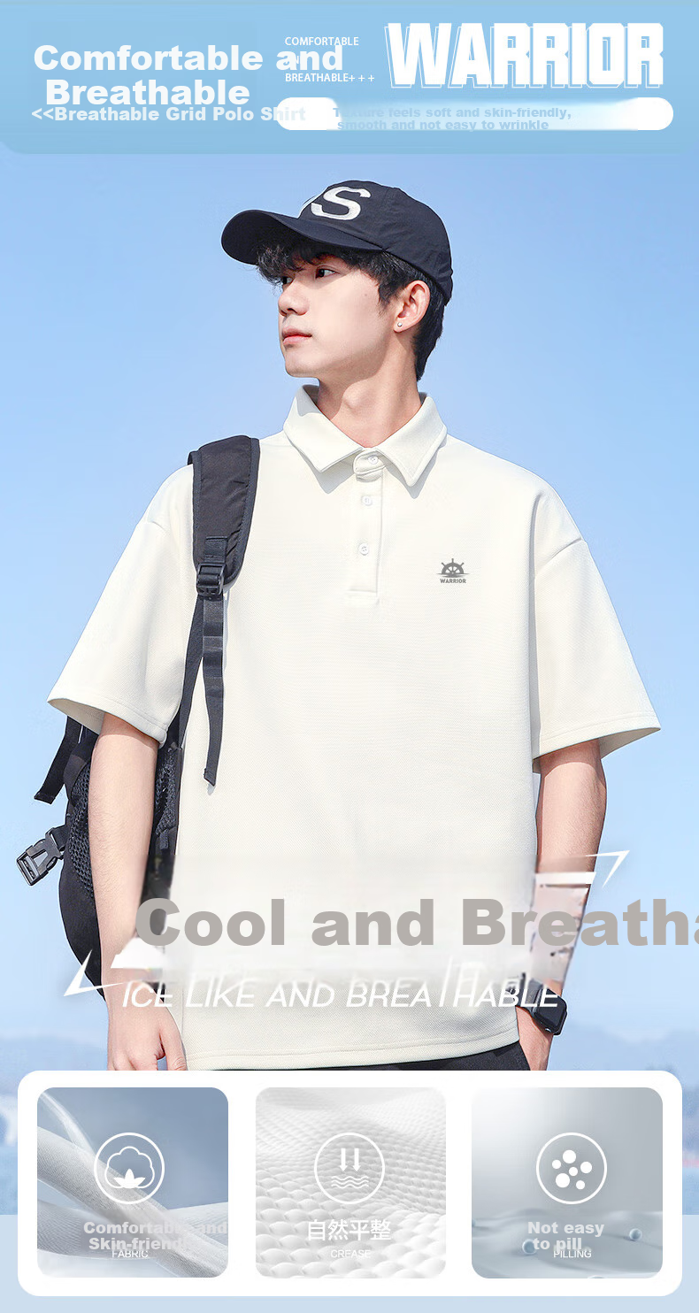 Huili Short-Sleeve Men's Summer Breathable T-Shirt, Men's Polo Shirt, Ice Silk Casual Versatile Micro Drop Shoulder Undershirt, White, 3XL 1