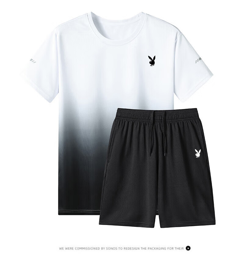 PLAYBOY Men's Summer Casual Cooling Breathable Quick-Dry Short Sleeve and Shorts Sports Two-Piece Set Black Gray XL 5
