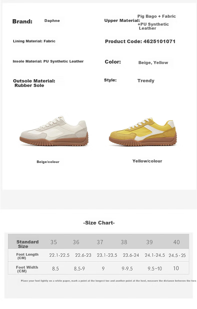 DAPHNE Yellow Dexun Shoes for Women, Fashionable Soft-Soled Comfortable Lightweight Sneakers, Low-Top Casual Women's Shoes, Yellow, Size 38 2