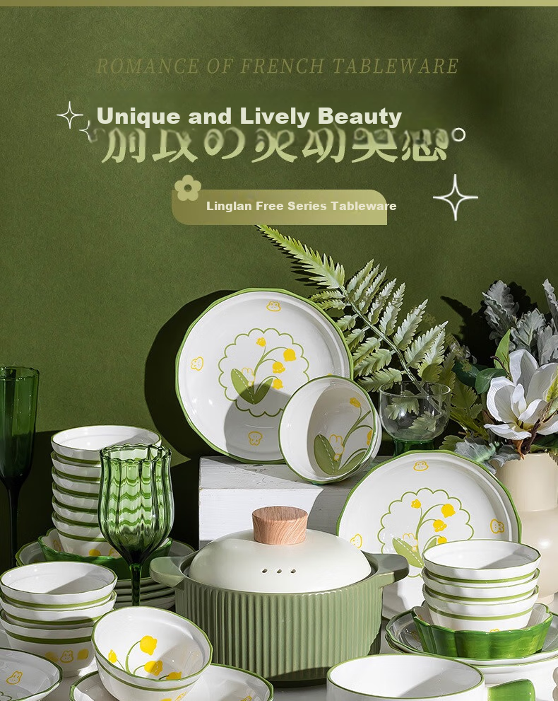 KANGMO Tableware Set, New Home-Use High-Temperature Underglaze Color Fresh Ceramic Bowls And Plates, Complete Dinnerware Set, Lily of The Valley Rabbit Design, 18 Pieces 1