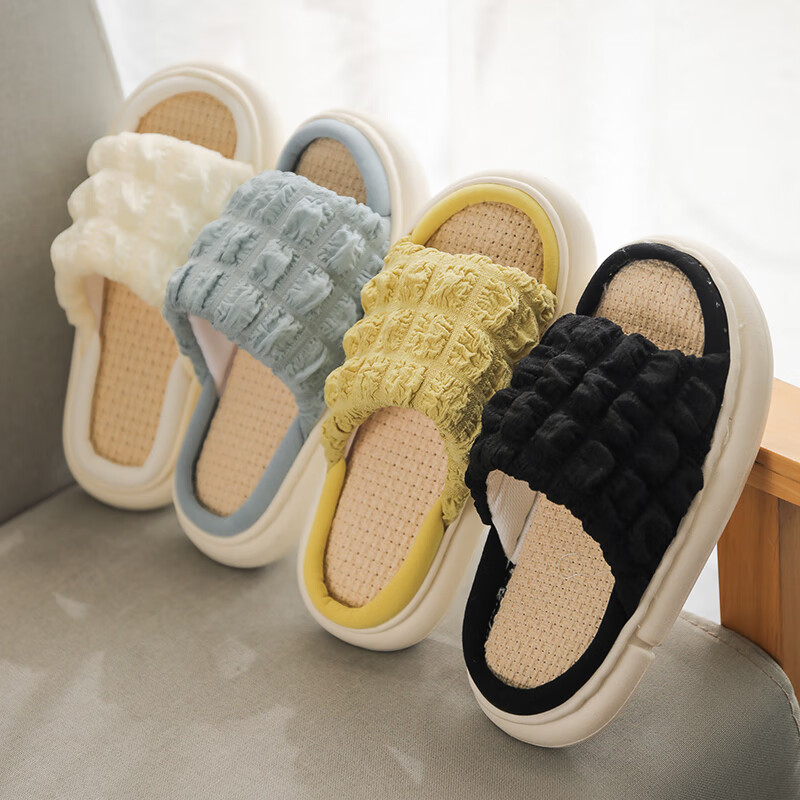 Guoluofi Extra Thick Sole Linen Slippers for Women Spring Autumn Indoor Cotton Linen Four Seasons Home Non-Slip Soft Sole Slippers White Size 40-41