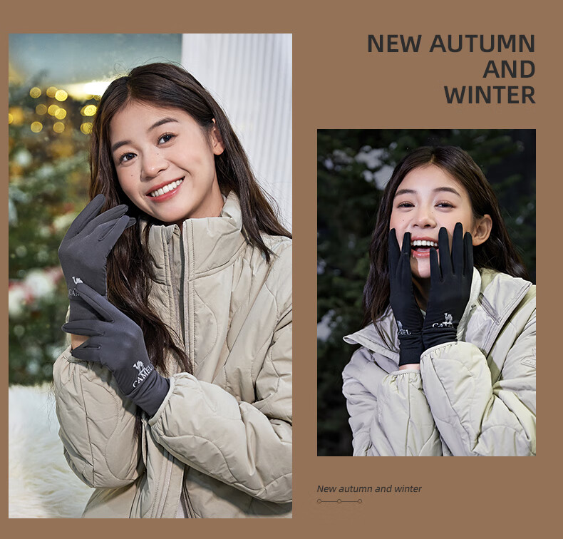 CAMEL Touchscreen Gloves for Men, Non-Slip, Fleece-Lined, Warm, Outdoor Sports Thin Gloves, Winter Women's A1W3GZ103 Ink Black L 15