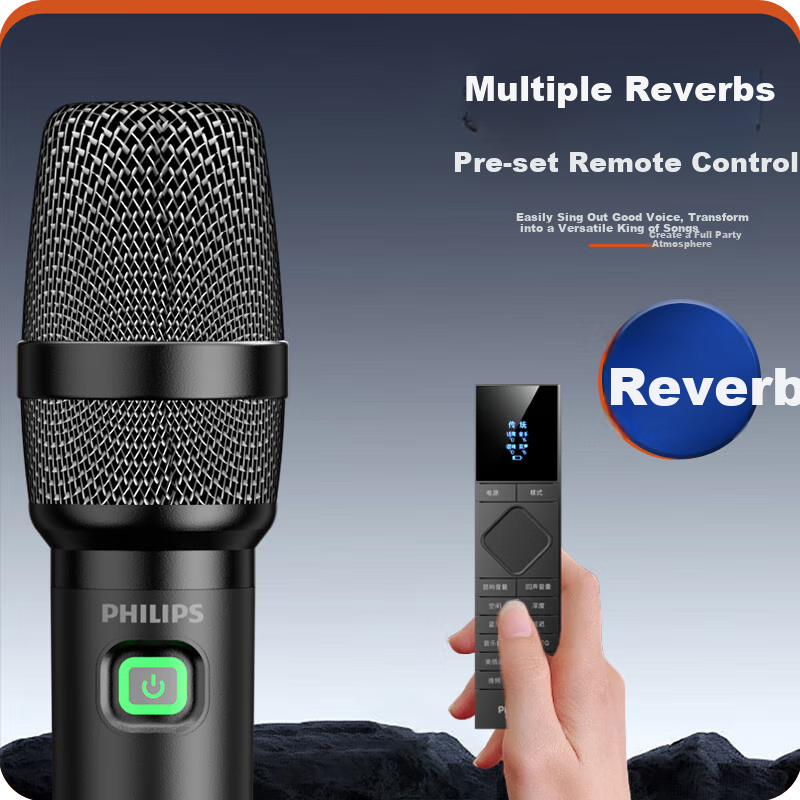 PHILIPS Wireless Microphone for KTV Performances, 120-Meter Range Transmission, Anti-Howling, Multi-Room Echo, Car-Mounted, Type-C with Built-In Battery