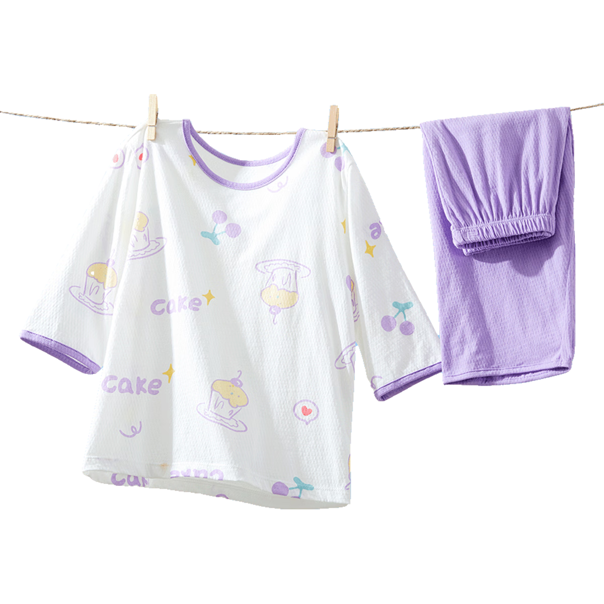 DEESHA Girls' Lightweight 3/4 Sleeve Antibacterial Cotton Mesh Jacquard Pajama Set, Skin-Friendly Air Conditioning Wear