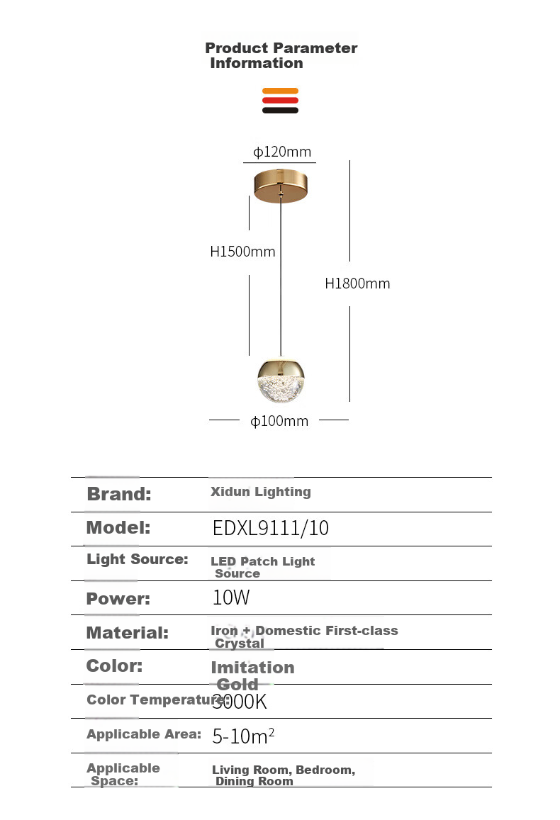 CDN Bedside Pendant Light, Dining Room Lamp, Small Chandelier for Bedroom, Living Room, Study, Vintage Style Glass Light Luxury Spherical Pendant Light, Light Gold 3