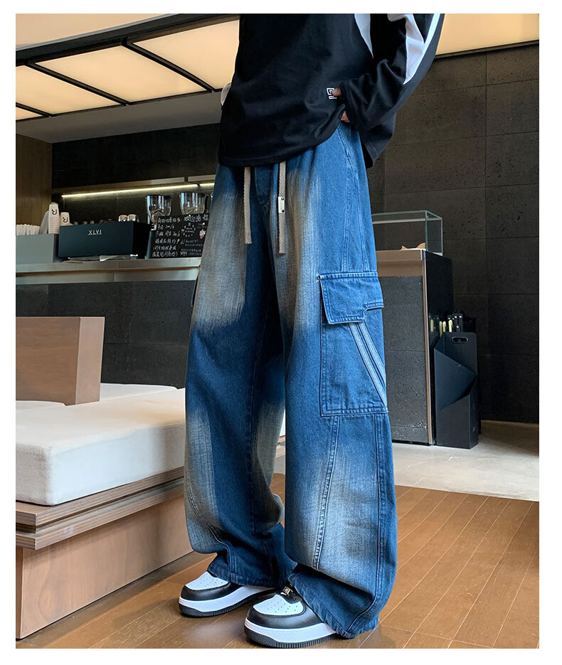 Top Youth Men's Jeans Autumn Winter Trendy Faded Large Size Straight Loose Workwear Casual Pants Black L 6