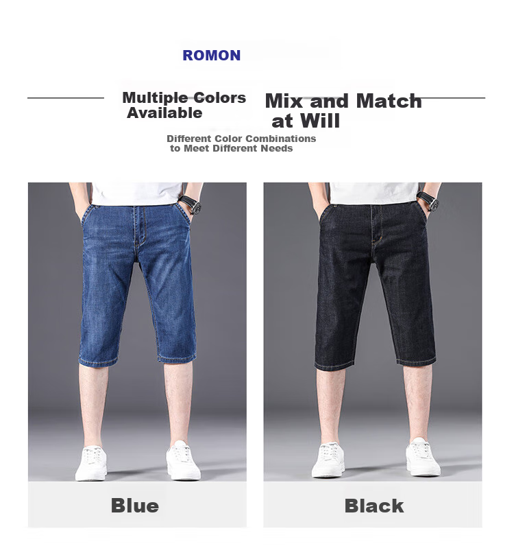 ROMON Men's Denim Shorts Summer Casual Business Seven-Point Pants Trendy Loose Thin Men's Pants 3
