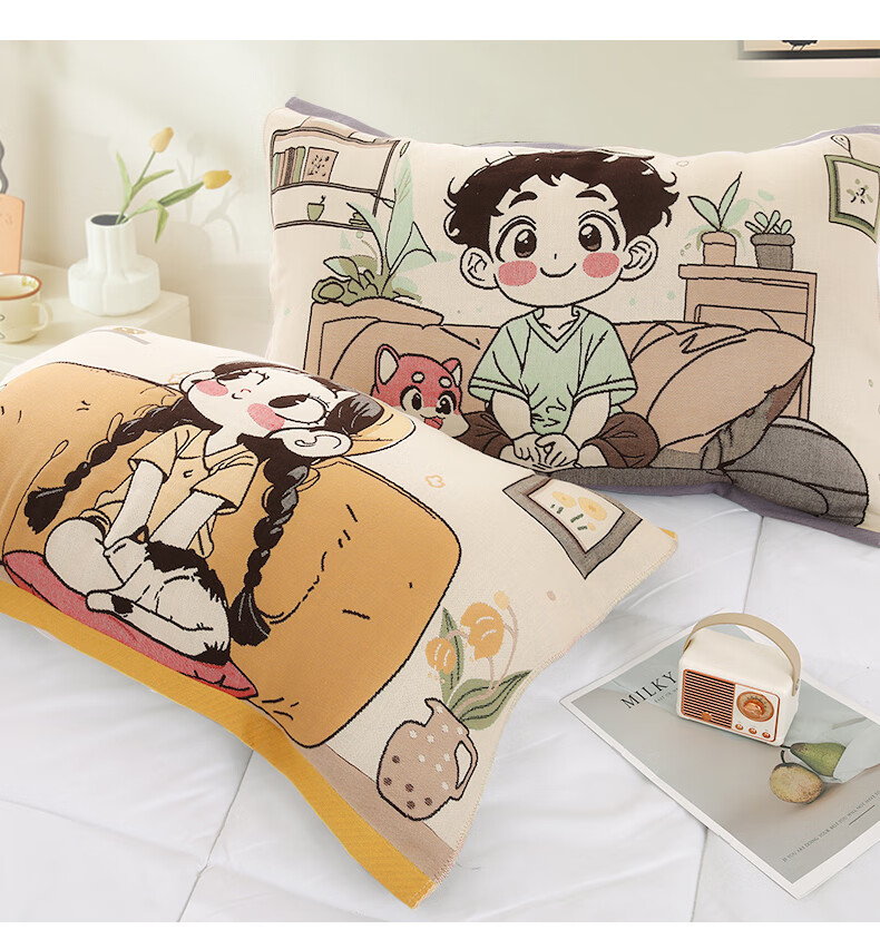 MUJI A-Class 100% Cotton Gauze Pillowcase Cute Pure Cotton Pillow Cover Anti-Slip Pillowcase Pair 52*75cm 2