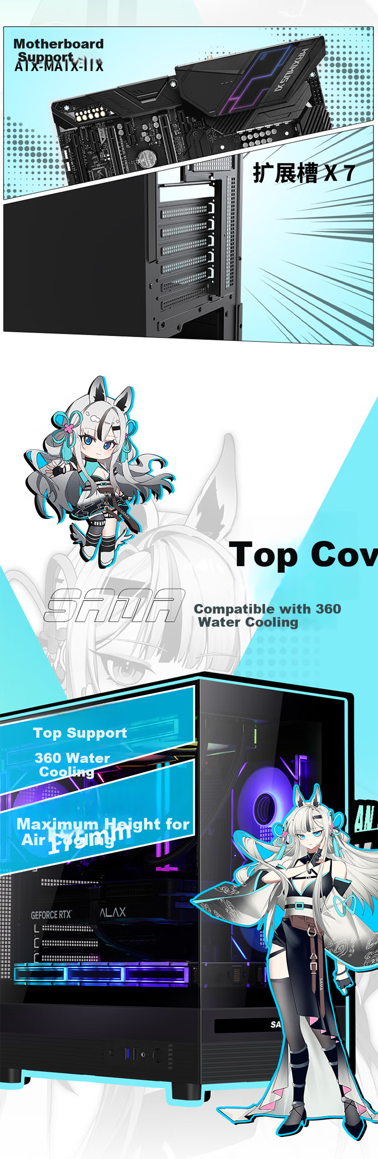 SAMA Jinghong Black ATX Panoramic Gaming Computer Case, 270° View/Double-Sided Glass/Supports 360 Water Cooling/9 Fan Positions/427mm Long Graphics Card Slot/U2+U3 9