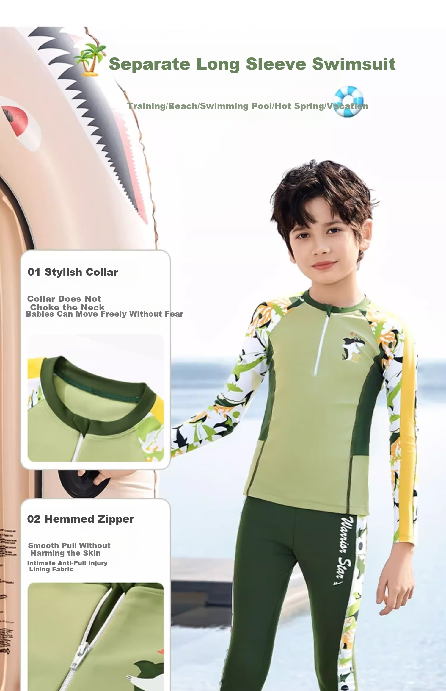 Huili Children's Swimwear, Boys' Two-Piece Long-Sleeve And Long Pants Set, for Travel And Play, Big Kids' Swimsuit 35242, Army Green, Size 110 3