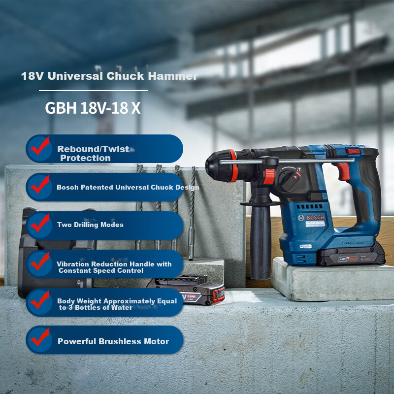 BOSCH Electric Hammer, 18V Impact Drill, Brushless Lithium Battery, GBH-18V Single Battery with Charger, Includes Accessory Kit, Universal Chuck Versio