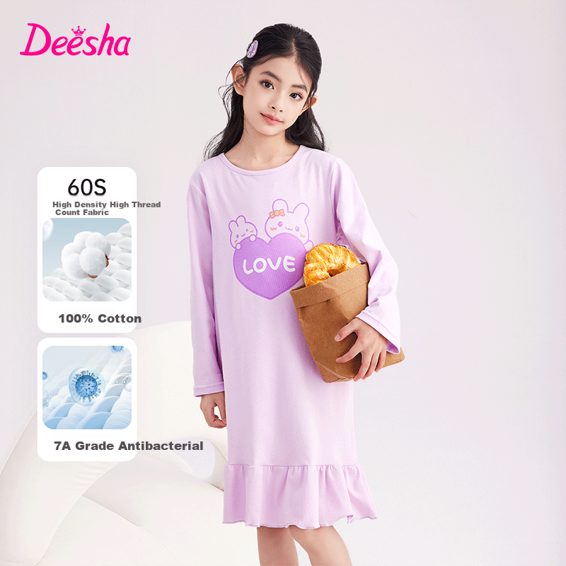 DEESHA [60S High-Count High-Density Cotton] Girls' Antibacterial Lightweight Nightgown, Summer Cotton Long-Sleeve Home Dress