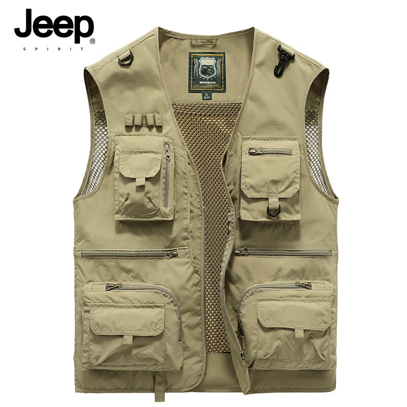 JEEP SPIRIT Men's Work Vest Spring Autumn Fishing Photography Multi-Pocket Jacket Black M