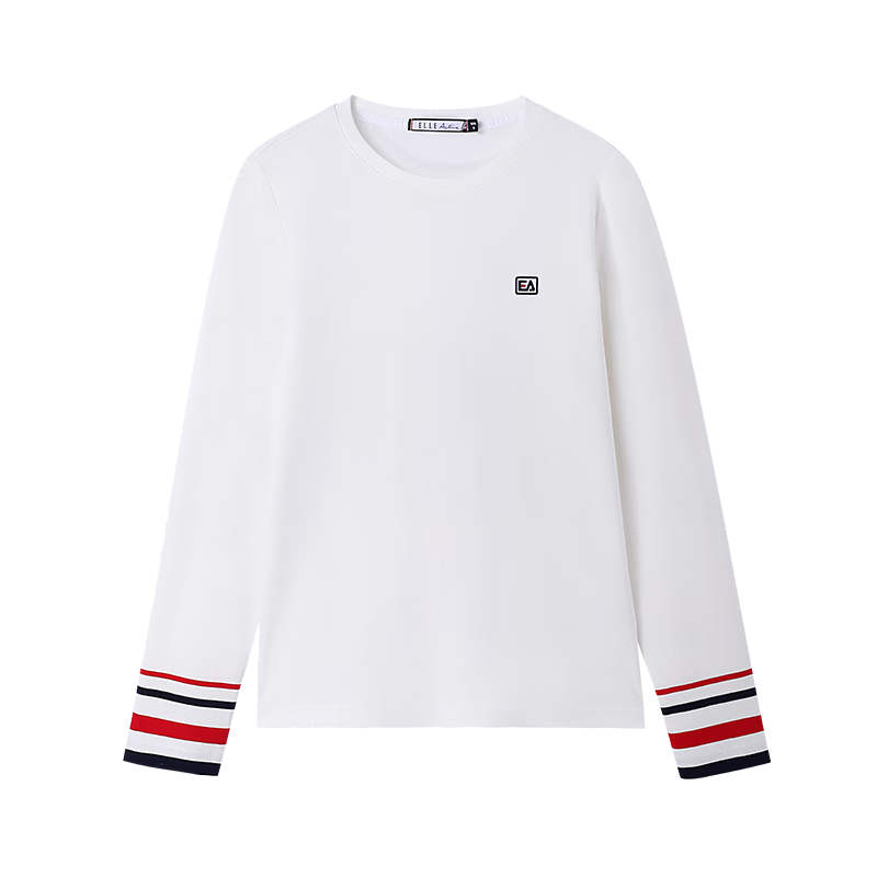 ELLE ACTIVE Fashion Versatile Round Neck Pure Cotton Long Sleeve T-Shirt for Women, Contrasting Color Cuffs Soft Top Base Layer, White, 2XL