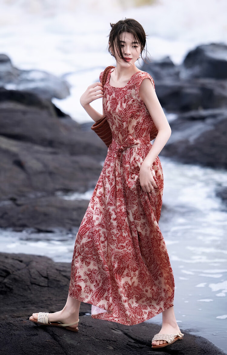 Demana [Dream Among Flowers] Summer National Style New Chinese Square Neck Tie Sleeve Waist Printed Elegant Women's Dress 7