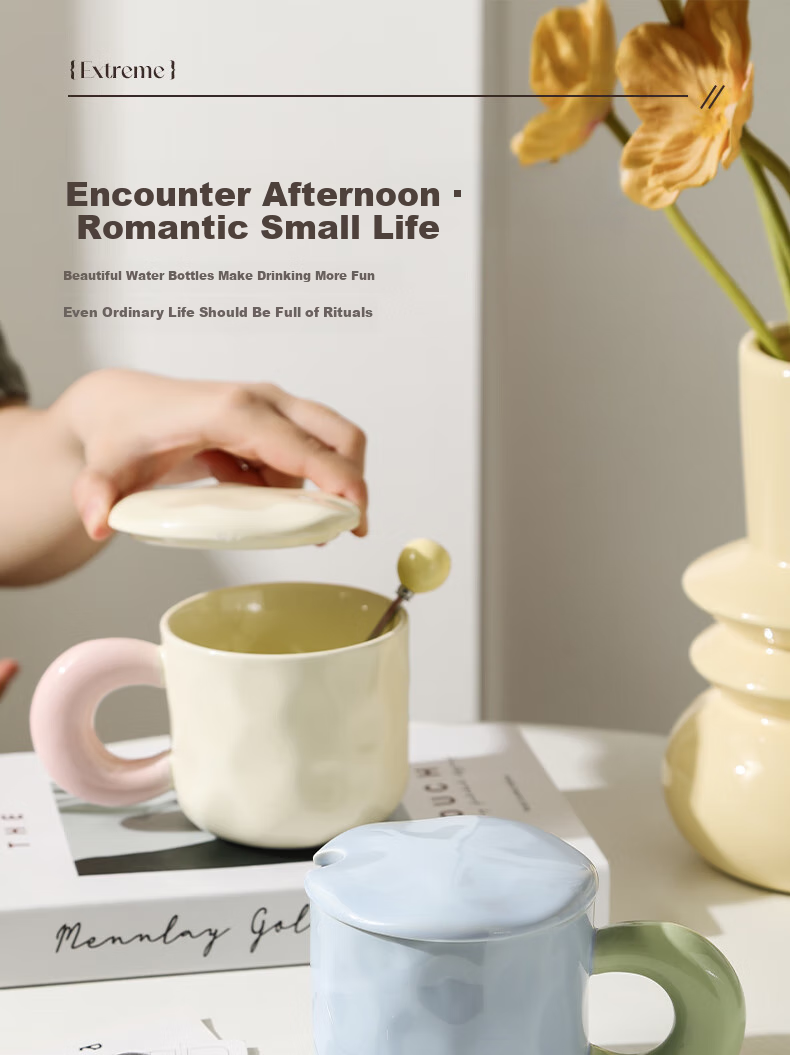 JIWUSENLIN Ceramic Mug with Spoon And Lid, Coffee Cup, Couple's Tea Cup, Dishwasher Safe, Yellow, 420ml 7