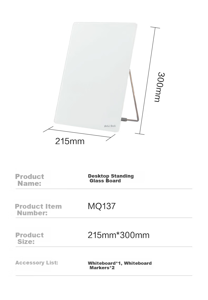 Deli Desktop Glass Whiteboard Magnetic Writing Board for Office And Home Use, Erasable Desktop Message Reminder Board with Stand MQ137 5