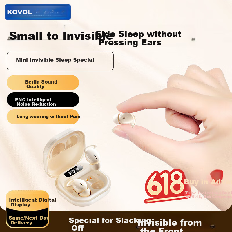 KOVOL Sleep Bluetooth Headphones, In-Ear Wireless Noise-Cancelling Invisible Mini Earphones for Work, Browsing, Sleeping, Side-Sleeping without Pressing on Ears