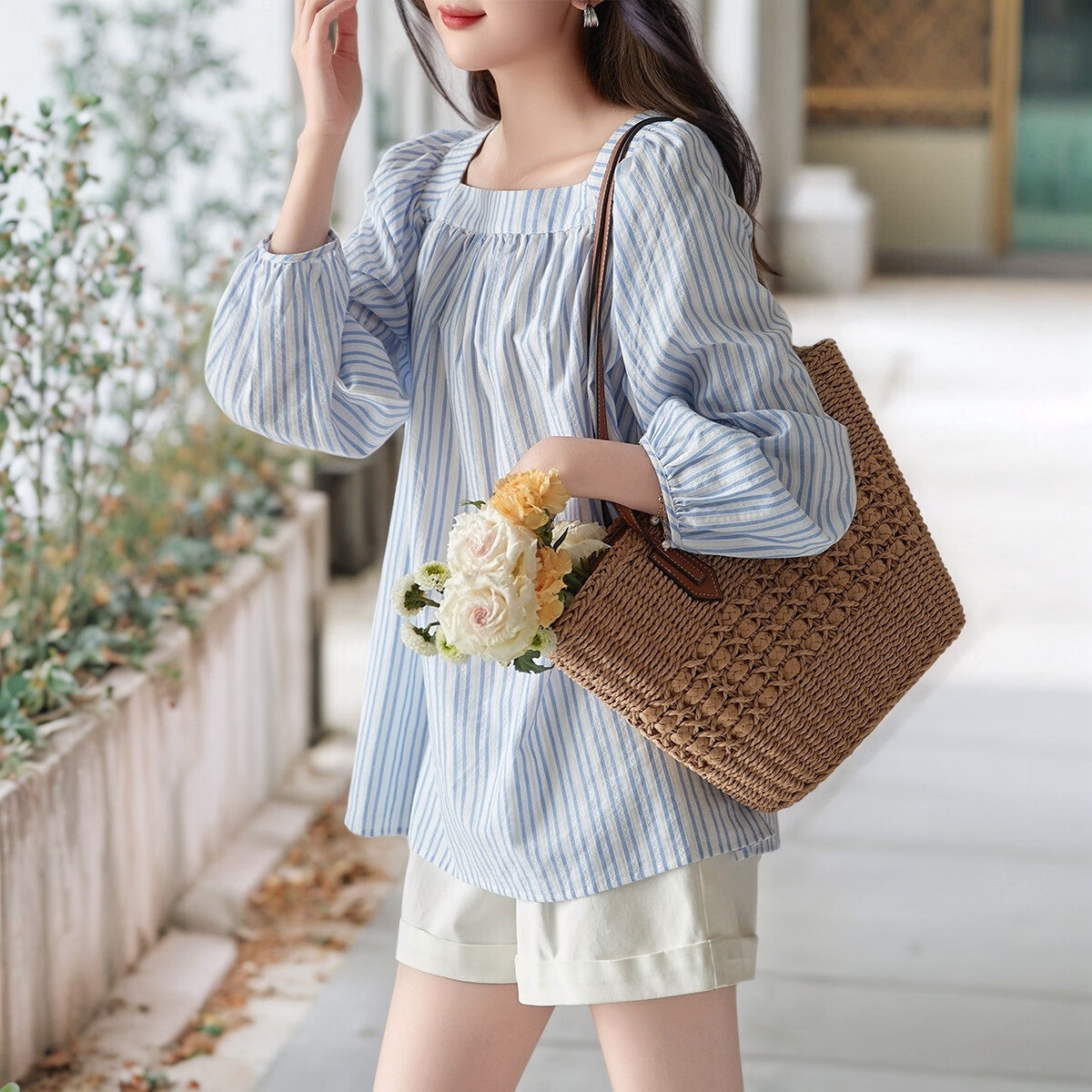 Dme [Oxygen Pure Cotton] Fresh Spring And Autumn Square Collar Striped Shirt, Retro Lantern Sleeves, Slimming Blouse, Women's Top