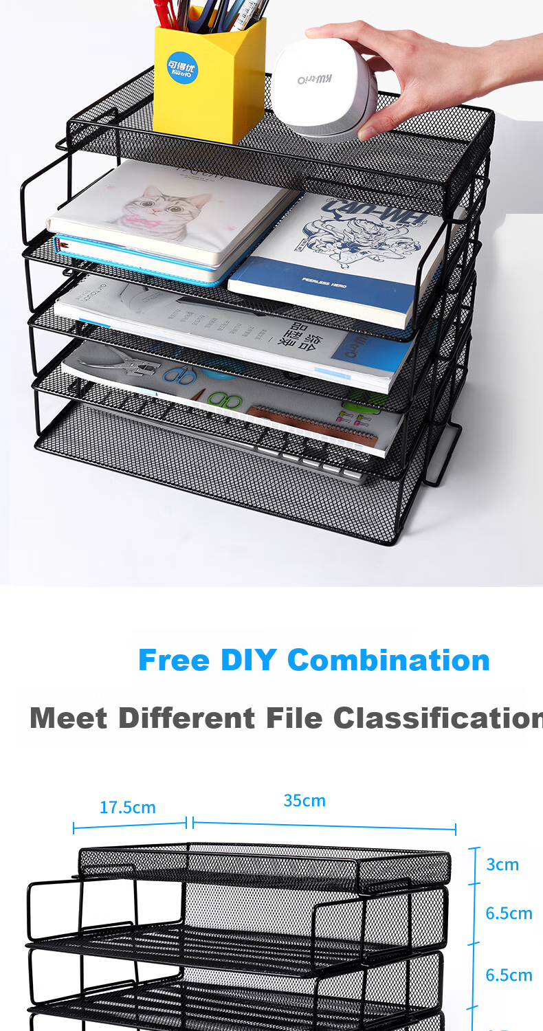 KW-Trio Desktop Metal Mesh File Organizer, Horizontal Stackable 4-Tier File Holder, Document Tray, File Rack, File Basket, File Box 4