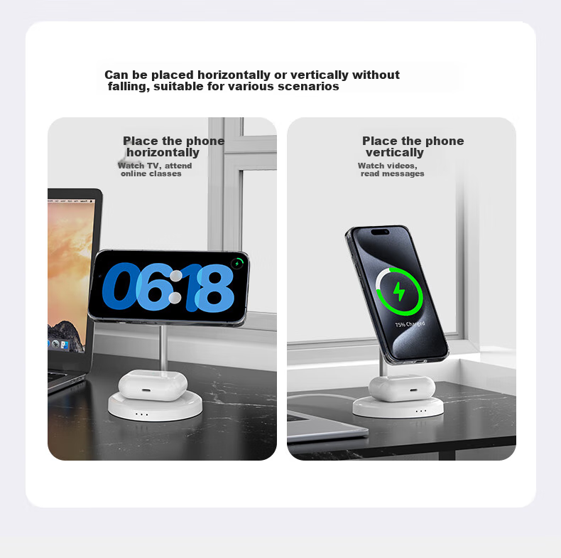 GDGO Two-In Wireless Charger, MagSafe Magnetic 15W Fast Charging Stand for Phones And Earphones, Desktop Vertical Charging Base Compatible with Apple IPhone 18 Pro Max/17/Air, Qi 2 Compatible 9